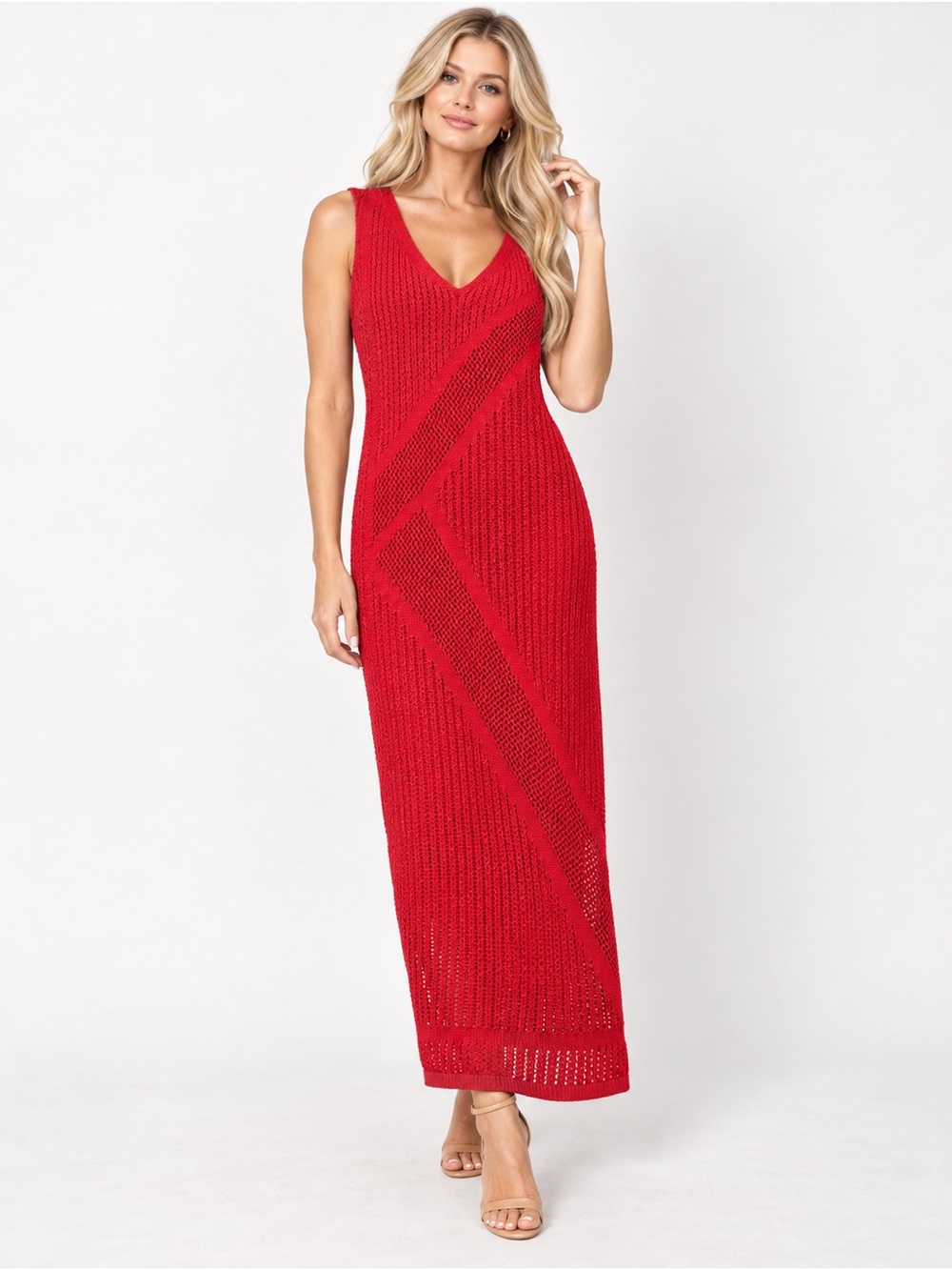 Karl Lagerfeld Paris Red Knit Maxi Dress w Detachable Slip S